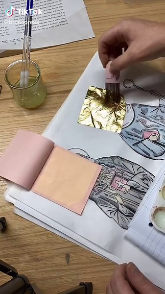 Adding some gold leaf to my scroll pages! 🤩🤩🤩 #goldleaf #artistsoftiktok #letterpress #propheticmessenger #linoblock #reliefprintmaking #golddigger