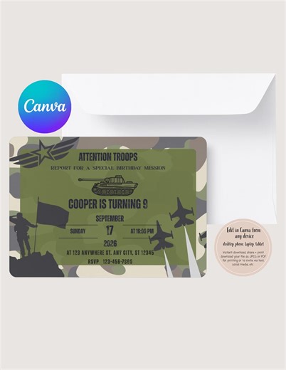 Camouflage Army Birthday Invitation, Military Party, Canva Template (digital Download) - Etsy