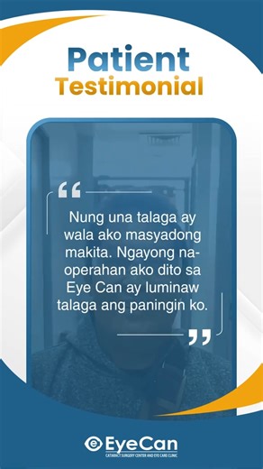 Salamat po, Sir Mariano, sa tiwalang ibinigay ninyo sa Eye Can Cataract Surgery Center & Eye Care Clinic – San Juan. Ang makita kayong mas masaya at muling malinaw ang paningin ang patuloy na nagbibigay-inspirasyon sa amin na makapagserbisyo sa mas marami. Operated by: Dr. Bea Therese Basco LIBRE ang eye consultation para sa edad 50 pataas hanggang January 31. Mag-message po sa amin para magpa-schedule. Maaaring makipag-ugnayan sa amin sa anumang katanungan o para magpa-schedule ng konsultasyon.