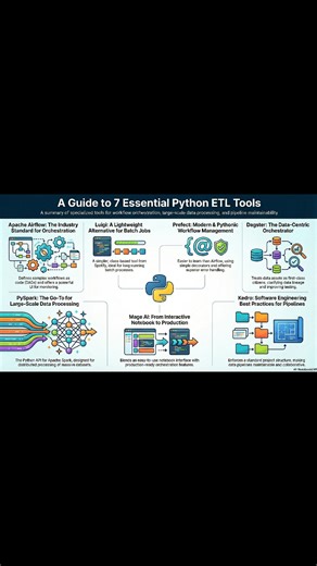 🎯 Top 7 Python ETL Tools for Data Engineering (2026) If you’re building data pipelines or working as a Data Engineer, these tools can save you a huge amount of time and effort 👇 🔹 Apache Airflow The most popular tool for orchestration and scheduling complex ETL pipelines 🔹 Luigi A lightweight and simple solution for small to medium batch pipelines 🔹 Prefect A modern, easy-to-use orchestration tool — Pythonic and production-ready in no time 🔹 Dagster A data-centric ETL framework that focuse