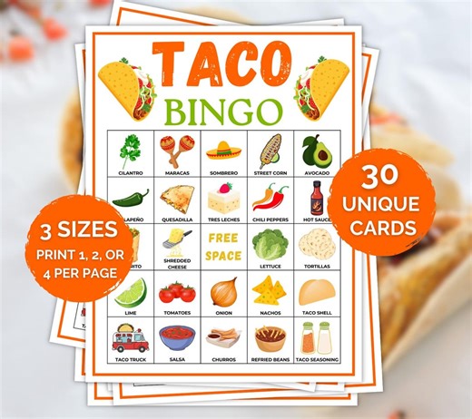 30 Taco Bingo Cards, Taco Bingo Printable, Fiesta Party Game for Kids & Adults, Fiesta Games, Mexican Theme Classroom Activity, Fiesta Games - Etsy