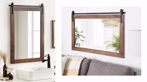 Kate and Laurel Cates Decorative Framed Wall Mirror, 26 x 39, Walnut Brown, Farmhouse Barn Door-Inspired Bathroom Mirror with Substantial Frame and Modern Charm