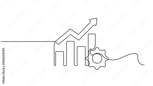 Self drawing line animation Productivity bar chart with gear continuous one single line drawn, Graph going up with an arrow continuous one single line drawn concept 4k animation video.
