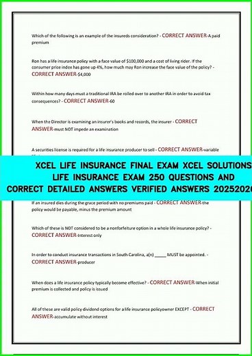 XCEL LIFE INSURANCE FINAL EXAM XCEL SOLUTIONS LIFE INSURANCE EXAM 250 QUESTIONS AND CORRECT DETAILED