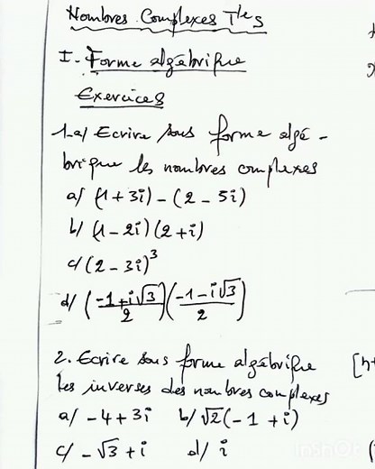 Nombres Complexes Cours | Forme algébrique | Exercices d'application Terminale S SM