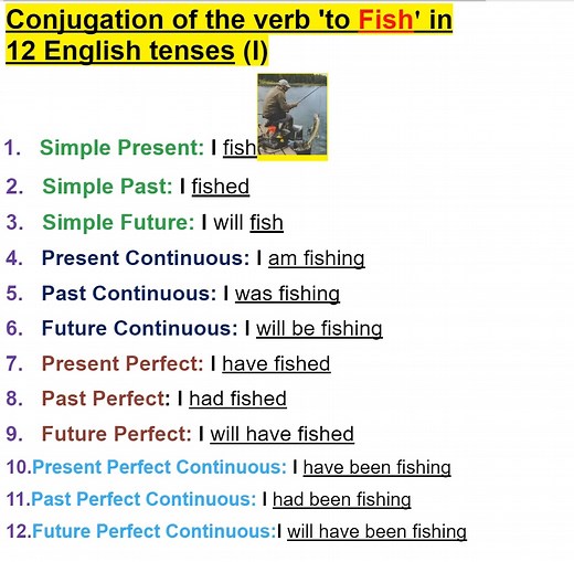 Conjugation of the verb 'to Fish' in 12 English tenses | Empowering English Learning