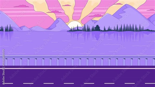 Sunset over mountain lake with roadside 2D cartoon animation. Twilight summer road. Sun rays across water, lakeside highway dusk sky animated flat lofi backdrop 4K video background scene storytelling