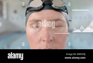 Female swimmer closing eyes, data overlay appearing, eyes opening evolving into performance insight. Digital interface, athletic, futuristic, analytics, performance, innovation, technology Stock Video Footage - Alamy