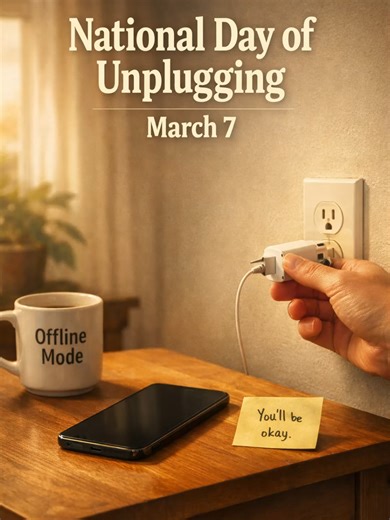 National Day of Unplugging (March 7): Please Step Away From The Internet Every year on March 7, people observe National Day of Unplugging — a holiday dedicated to stepping away from screens and reconnecting with the real world.