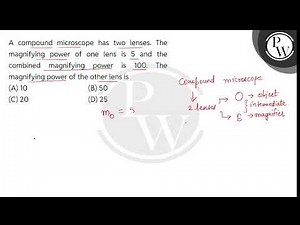 A compound microscope has two lenses. The magnifying power of one lens is 5 and the combined mag....