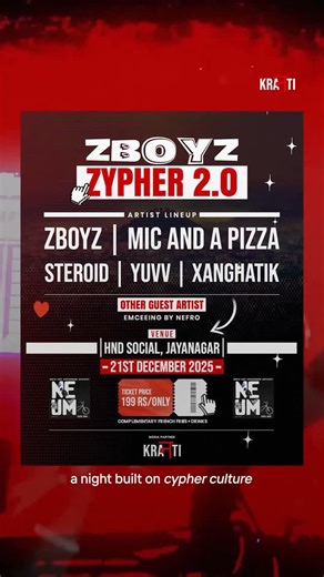 KRANTI on Instagram: "The night goes down tomorrow at HND Social, as the ZBoyz Zypher turns up, featuring @zboyzv @micandapizza @steroid.originals @yuvv.__ @xanghatik_beh DM @truck.airmax for tickets! Let’s make this a night to remember.🔥💪🏻 [ #Kranti #ZBoyz #Zypher #Guwahati ]"