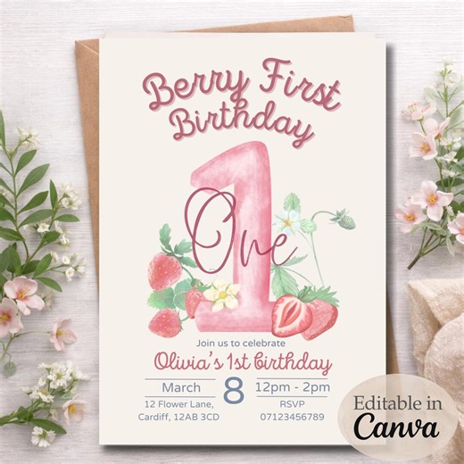 Berry First Birthday Invitations Template | Strawberry 1st Birthday Invite | First Birthday Digital Invitations - Etsy