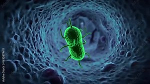Pathogenic bacterium with flagella moving through a biological vessel, a concept for infection and microbiology