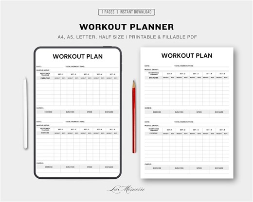 Workout Planner Printable & Fillable PDF | Fitness Workout Plan | Gym Log | A4 A5 Letter Half Size - Etsy