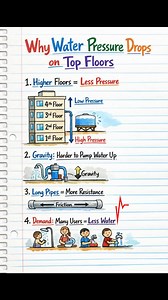 Ever wonder why water pressure drops on top floors? 🏢💧‼️✅👇🏼 Here are 4 reasons: higher floors get less pressure, gravity makes it harder to pump water up, long pipes add resistance, and high demand splits the flow. Boost your plumbing knowledge! . . . #WaterPressure #PlumbingTips #BuildingScience #HomeMaintenance #Engineering #DIY | Fire-fighting and Fire Alarm system