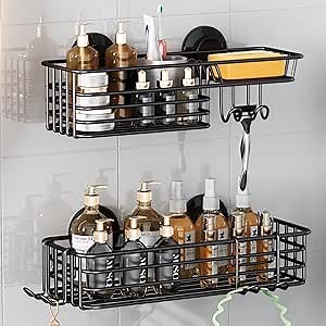 TAILI Shower Caddy Suction Cup 2 Pack With Hooks & Soap Holder, Heavy Duty Shower Organizer, No Drilling Bathroom Organizer With Large Capacity, Stainless Steel Bathroom Caddies-Black