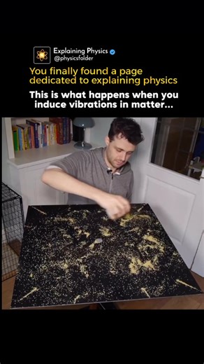 Physics | Mathematics | Science on Instagram: "When we vibrate a simple metal plate at specific frequencies, the physics of sound becomes visible as geometry. Here you are seeing sound shaping grains on a metal plate into what are known as Chladni figures. When the plate vibrates, some regions move intensely while others remain almost still. The grains are shaken away from the moving areas and settle along the quiet lines, the nodes, revealing the pattern of each vibration mode. Each frequency p