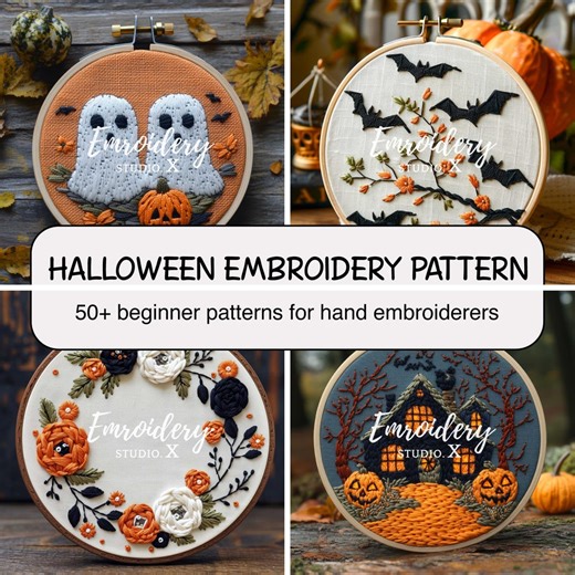 Halloween Hand Embroidery Pattern Bundle | Ghosts, Pumpkins, Haunted Houses & Witch Designs | Beginner Friendly Hand Stitch PDF - Etsy