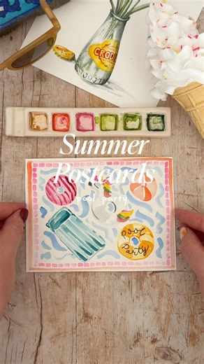 15-Min Summer postcards: pool party 🛟 #watercolourpainting #watercolourart #postcard