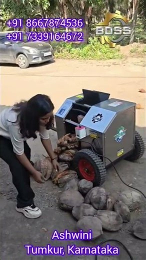 Our Karnataka (Tumkur) staff Ms. Ashwini testing the Innovative Coconut Dehusker – easy & safe 🥥💪