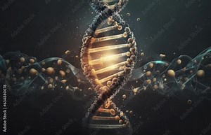 A 3D rendering of a double helix DNA strand structure. Generative ai
