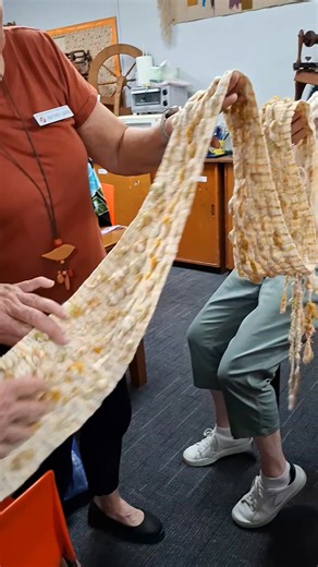Just off the loom! Another inspiring creation from our talented Heather- a bauble scarf. How cool! | The Wollongong Handweavers and Spinners Group Inc.