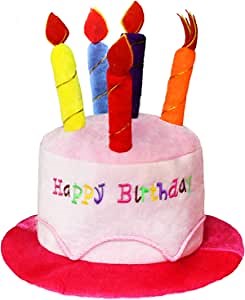 Novelty Place Pink Plush Happy Birthday Cake Hat - Unisex Adult Size Fancy Dress Party Hats - Perfect as Party Favors, Costume Accessories - Cake & 5 Multicolor Candles