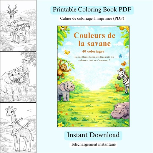 Safari Animals Coloring Book PDF, 40 Printable Coloring Pages for Kids, Savanna Coloring Book, Instant Download