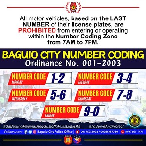 "Adhering to number coding ordinances isn't just about compliance; it's about contributing to smoother traffic flow and reducing congestion. Let's work together to make our roads more efficient and our city better for all. 🚗 #ToServeAndProtect #MahusayMatatagAtMaaasahanNaKapulisan #SaBagongPilipinasAngGustoNgPulisLigtasKa | Baguio City Police Office