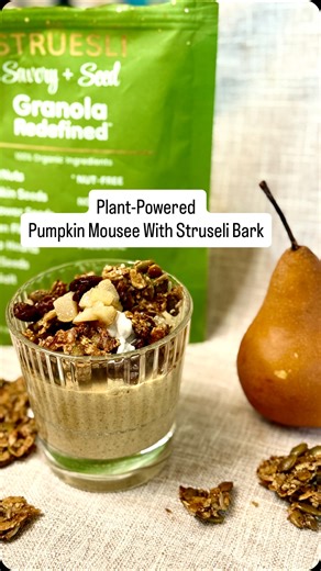 Marcia Puc|Chef + Owner Sweet Pea Cuisine on Instagram: "This Pumpkin Spice Mousse is proof that dessert can be indulgent and good for you. 🥳 Made with silky tofu , this creamy dessert is nut free, full of protein and refined sugar (almost) free! To take advantage of all the flavors of fall, I’ve added a pear-raisin compote for a little extra sweetness. But, the real star of this dessert is the Struesli Savory Seed Granola Crisps! @struesli This superfood granola mix is full of a powerhouse of 