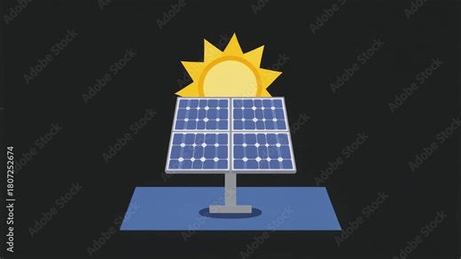 2D animation of solar panels with sun icon, symbolizing clean solar energy in 4K, transparent background.