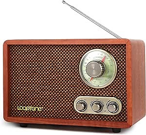 LoopTone USB SD Multifunction AM FM Vintage Radio with Bluetooth Speaker,Retro Wood Table Radio for Kitchen Living Room with Rotary Knob