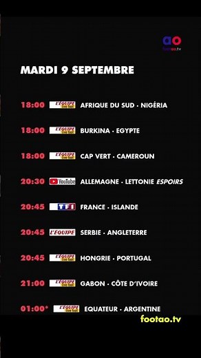 foot à la TV aujourd'hui mardi 9 septembre. Programme TV foot ce soir #foot #TV #match #ProgrammeTV