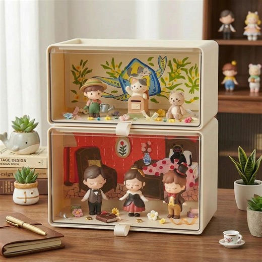 Hand-painted Background Acrylic Display Case for Blind Box Figures - Mini Diorama Shadow Box,Acrylic Shadow Box with Hand-painted Scene