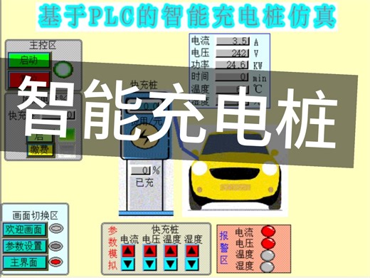 PLC智能充电桩仿真（电流 电压自动调节，故障报警，电量百分比模拟）