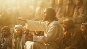 Jesus preaching during his ministry, compassionate and serene expression.