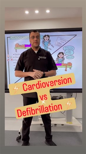Moayad Wishah on Instagram: "⚡ Cardioversion vs Defibrillation ⚡ Know the difference — it can save a life ❤️‍🔥 🔹 Cardioversion 🫀 Used for organized rhythms (AF, SVT, VT with pulse) ⏱️ Synchronized with the R wave 💤 Usually planned + patient often sedated 🔹 Defibrillation 💥 Used for chaotic rhythms (VF, pulseless VT) ⚠️ NOT synchronized 🚨 Emergency – no pulse, no time! 👉 Quick tip for nurses & healthcare heroes 👩‍⚕️👨‍⚕️ ✔️ Pulse present → Think Cardioversion ❌ No pulse → Defibrillate NO
