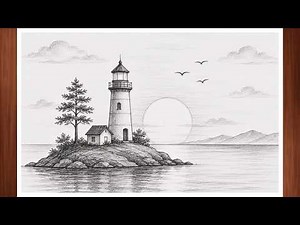 Learn How to Draw Lighthouse Sketch | Scenery Drawing Tutorial | Sunset Landscape | Pencil Art