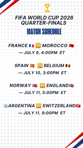 🏆 FIFA World Cup 2026 Quarter-Final Schedule 🇺🇸 | Eastern Time (ET) | Full Fixtures