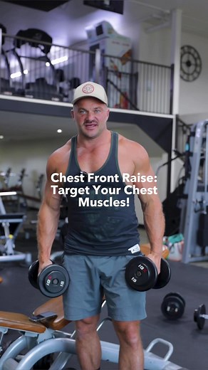 Time to work those chest muscles! Try this exercise: chest front raises. Start off with the dumbbells by your side, shoulders dropped, chest up. Scoop up and then squeeze it for a second, then lower it back down slow. Give it a try for a great chest pump! #chestfrontraises #shouldersfrontraise #dumbbells #strengthtraining #upperbodyworkout #fitnessgoals #gymmotivational