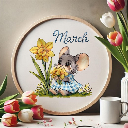 Mouse Cross Stitch Pattern March Spring Mouse Daffodil Embroidery Woodland Animal Needlework Chart Digital Download - Etsy
