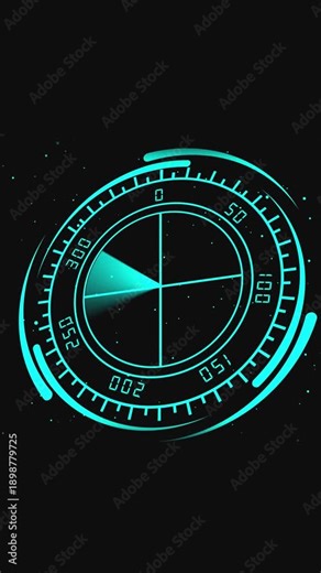 Cyan Radar Scope with Digital Readouts and Glowing Beam on Dark vertical mobile video Background display. Futuristic cyan radar interface with luminous beam and numeric readouts creating high tech.