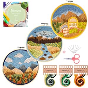Santune 3 Pack Embroidery Kit for Beginners Adults with Embroidery Pattern, Cross Stitch Kits with Instructions DIY Special Creative Gift Include 1 Embroidery Hoops,Threads and Needles