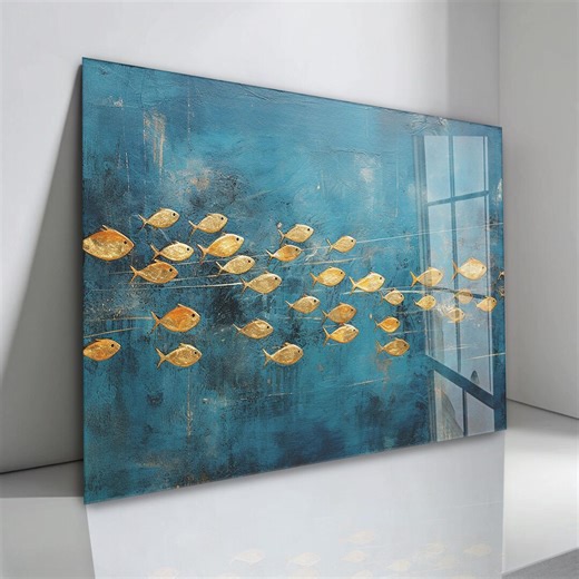 Golden School Fish Tempered Glass Wall Art: Abstract Ocean Decor - Etsy