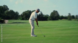 Old man play golf on grass fairway. Pro player swing club hitting ball outside.