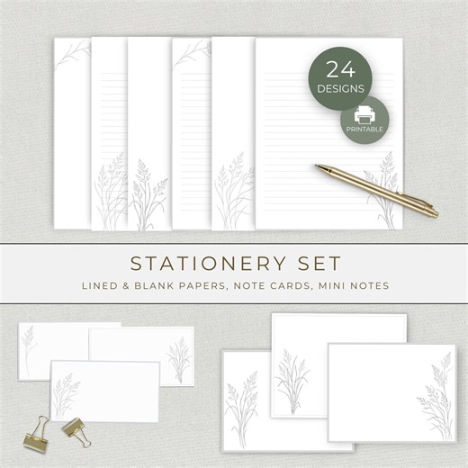 Nature Inspired Grass Stationery Bundle, Printable Note Cards, Instant Download PDF Pack, Minimal Line Art - Etsy
