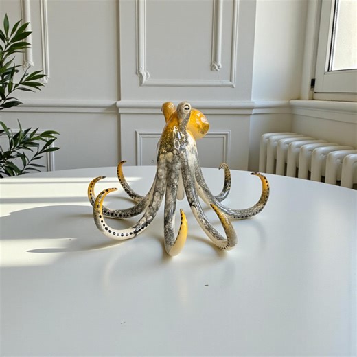 Handmade Ceramic Octopus Sculpture, Bone and Orange Colored With Black Bubble Effect Ocean Decor Figurine - Etsy