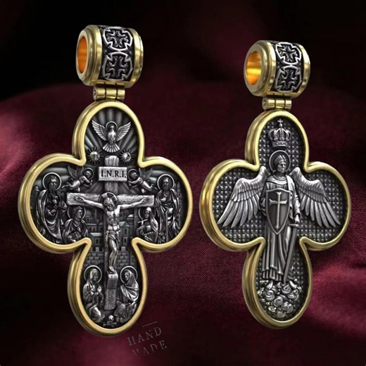 Crucifix Pendant: Four-leaf Design in Silver and Gold - Handmade Detail - Etsy