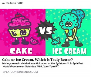 6.2K views · 123 reactions | Inklings remain divided. Which will you choose – Cake or Ice Cream? Download the demo in eShop now and play the Splatoon 2: Splatfest World Premiere this Saturday, 7/15 from 3pm-7pmPT. bit.ly/2sNyoRR | Nintendo Switch | Facebook