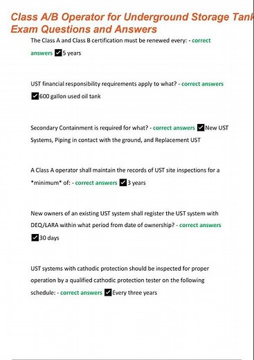 Class A B Operator for Underground Storage Tank Exam Questions and Answers